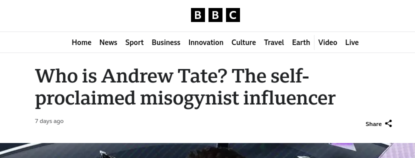 BBC: Who is Andrew Tate? The self-proclaimed misogynist influencer