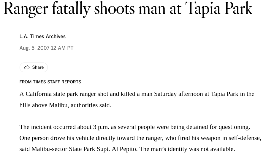 Ranger shoots man at Tapia Park